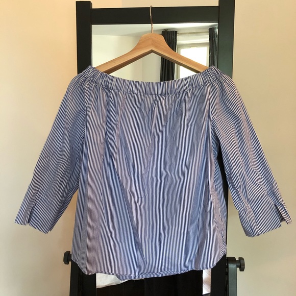 Zara off the shoulder poplin blouse - white/blue - Picture 14 of 15